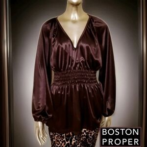 NWOT Boston Proper Brown V-Neck Shirred Waist Blouson Sleeve Blouse Sz S